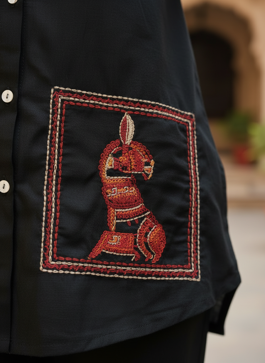 Elegant Black Cotton Co-ord Set with Embroidered Pocket Detailing | Smart Casual Ethnic Co-ords for Women