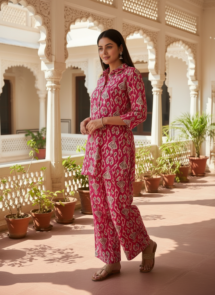 Elegant Pink Cotton Printed Co-Ord Set for Women