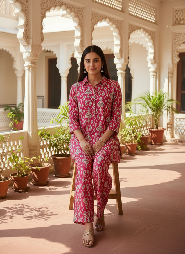 Elegant Pink Cotton Printed Co-Ord Set for Women