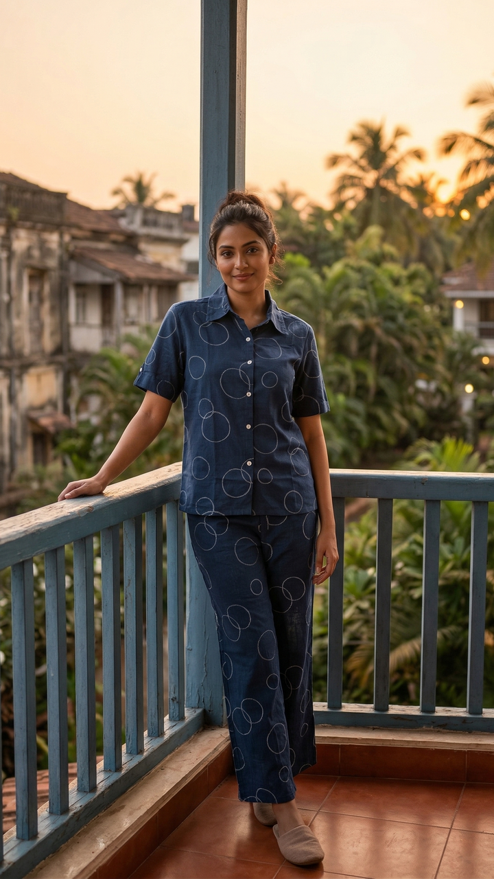 Midnight Orbit Cotton Co-ord Set – Relaxed Luxe Shirt & Flow Pants Ensemble