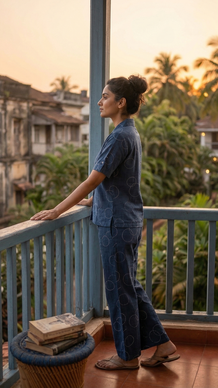 Midnight Orbit Cotton Co-ord Set – Relaxed Luxe Shirt & Flow Pants Ensemble