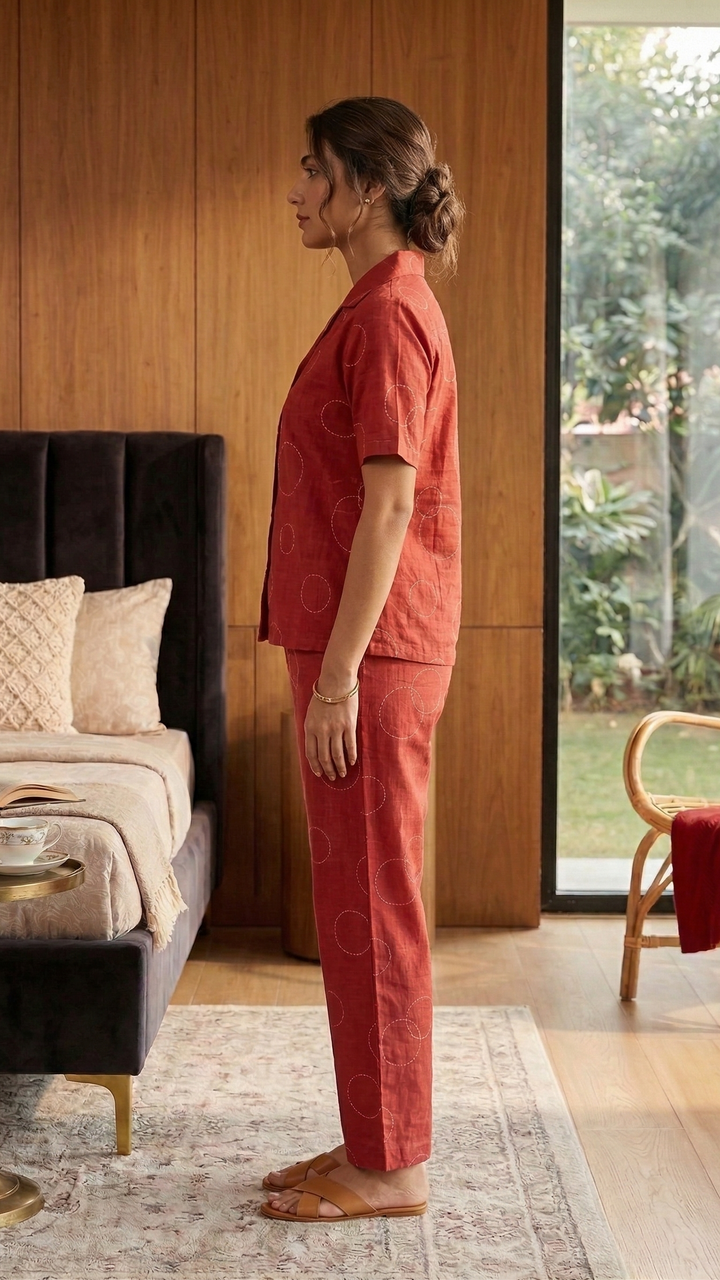 Crimson Halo Cotton Co-ord Set – Elevated Everyday Lounge Ensemble
