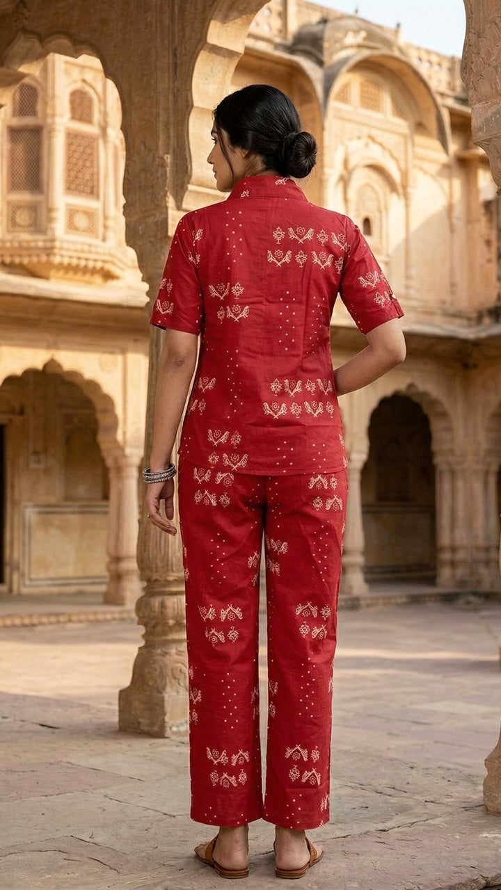 Rajvanshi Red Cotton Co-ord Set – Heritage Motif Luxe Ensemble