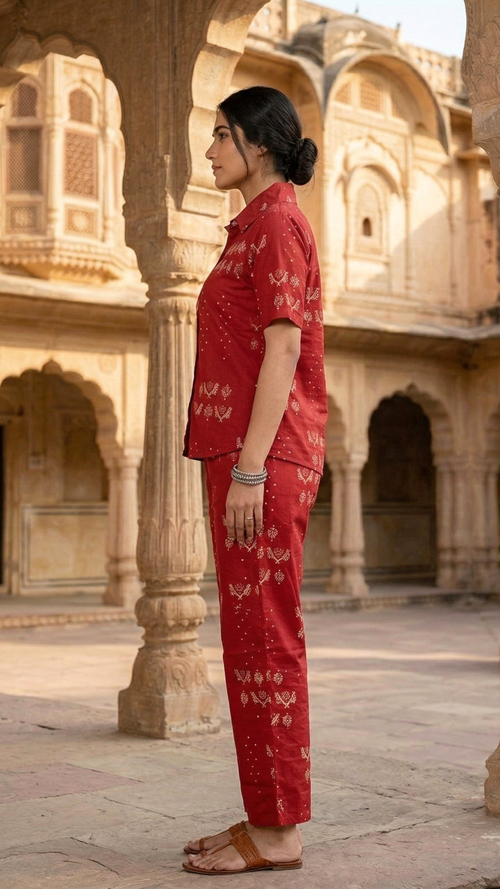 Rajvanshi Red Cotton Co-ord Set – Heritage Motif Luxe Ensemble