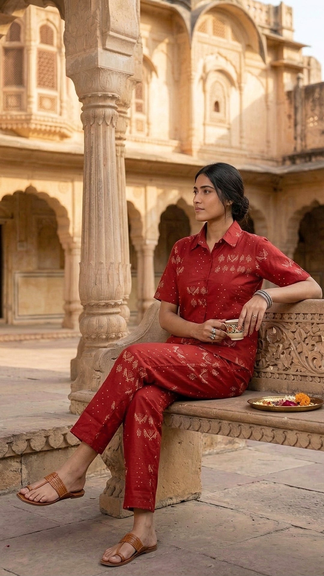 Rajvanshi Red Cotton Co-ord Set – Heritage Motif Luxe Ensemble