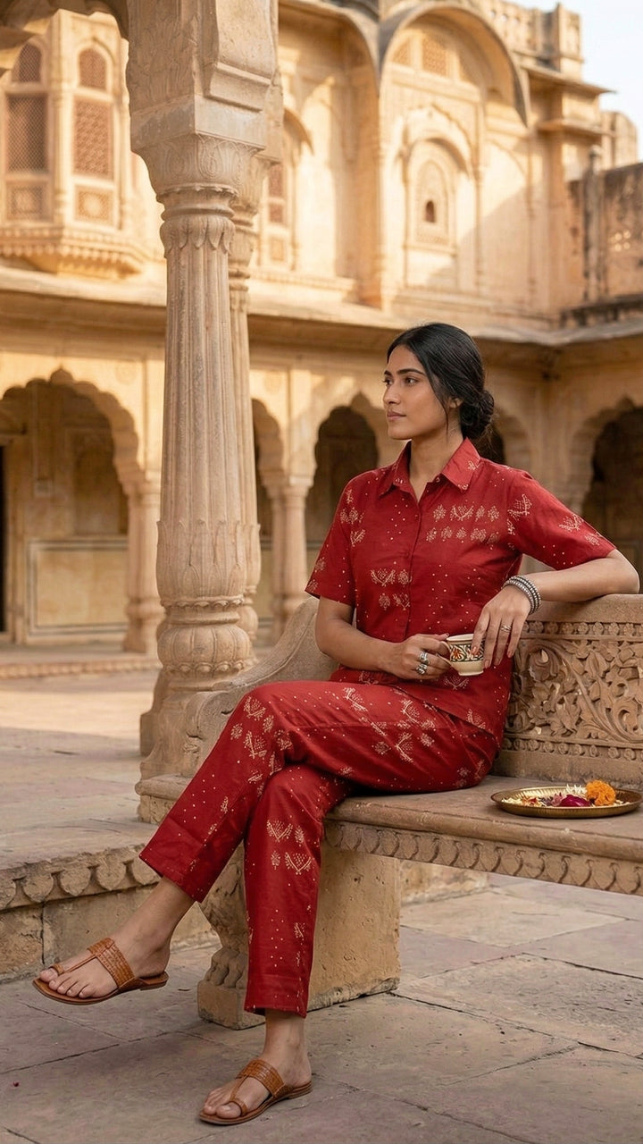 Rajvanshi Red Cotton Co-ord Set – Heritage Motif Luxe Ensemble