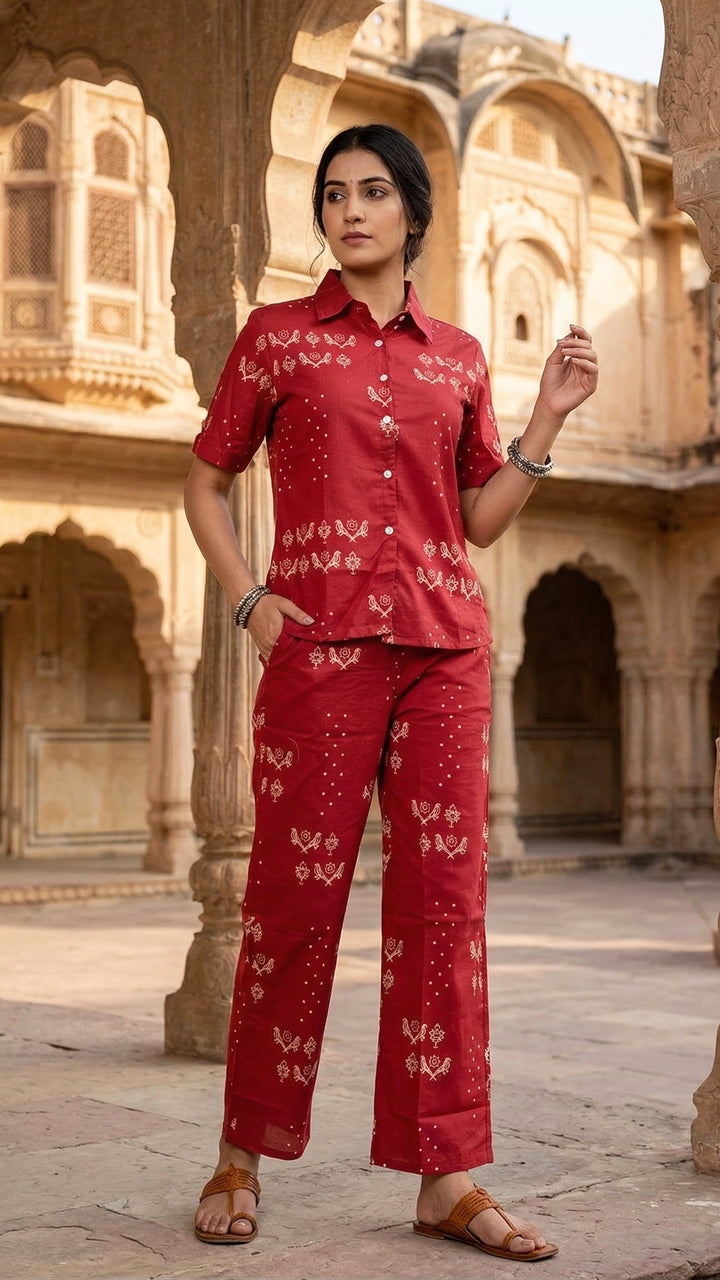 Rajvanshi Red Cotton Co-ord Set – Heritage Motif Luxe Ensemble
