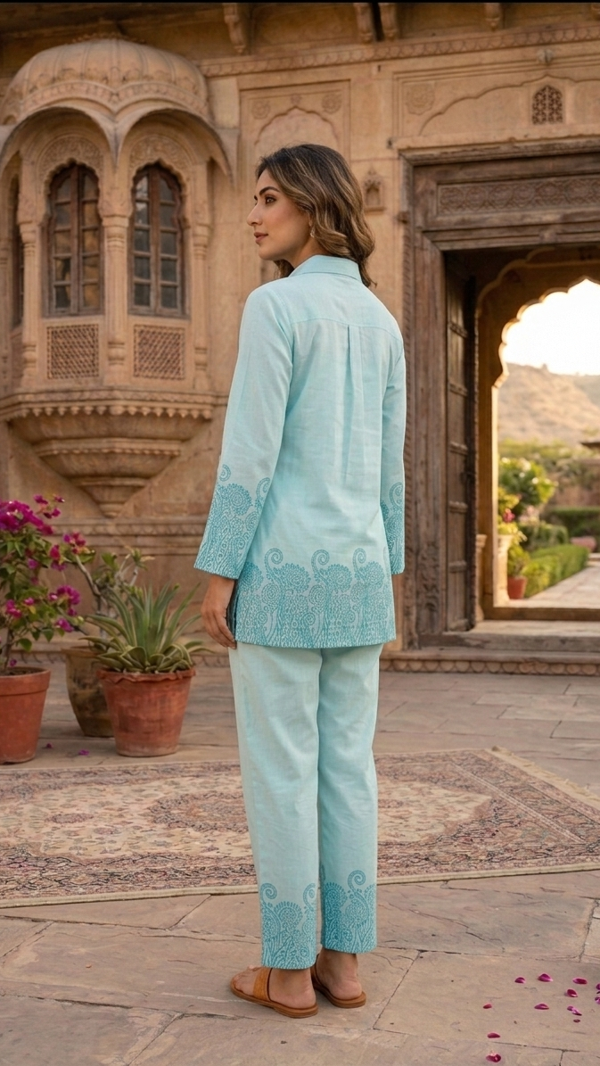 Aqua Grace Cotton Co-ord Set – Intricate Border Print Ensemble