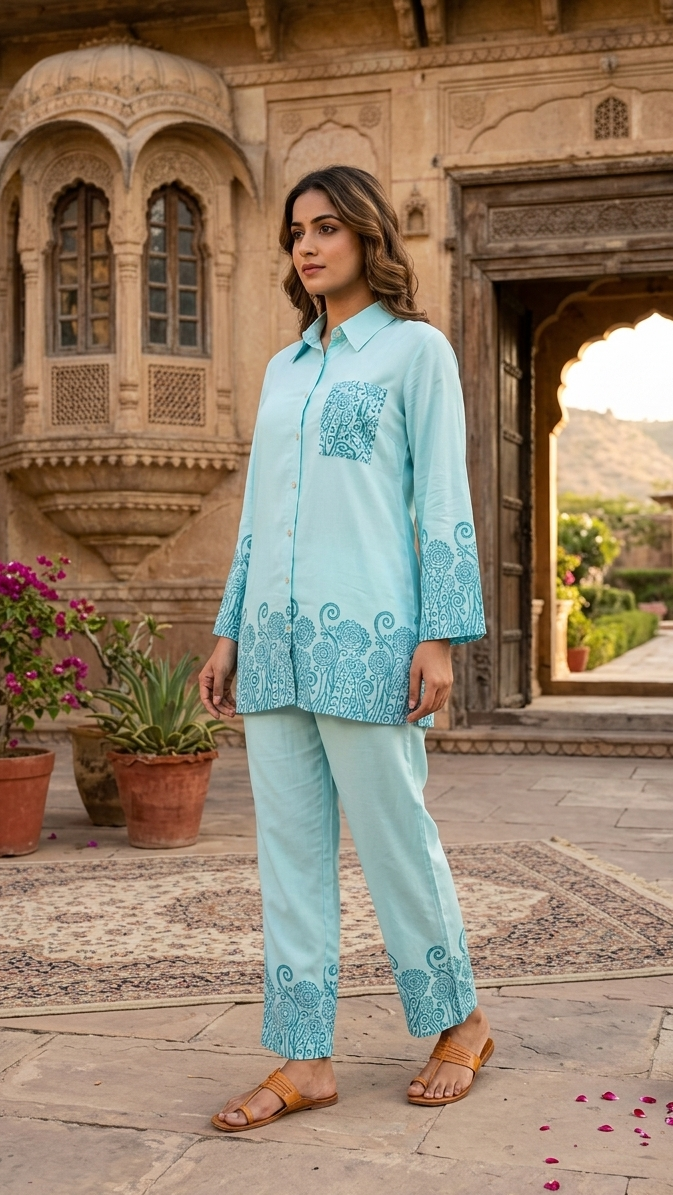 Aqua Grace Cotton Co-ord Set – Intricate Border Print Ensemble