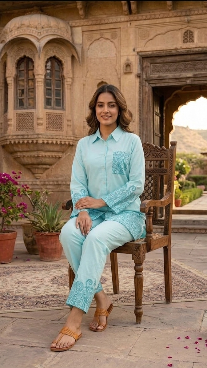 Aqua Grace Cotton Co-ord Set – Intricate Border Print Ensemble
