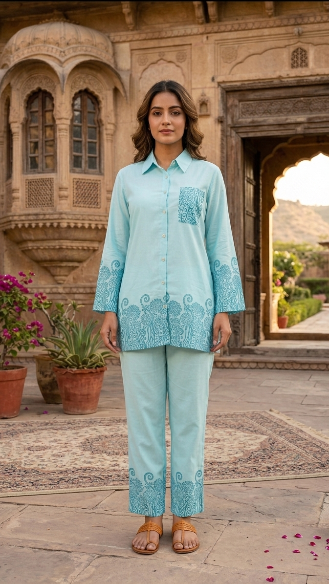 Aqua Grace Cotton Co-ord Set – Intricate Border Print Ensemble