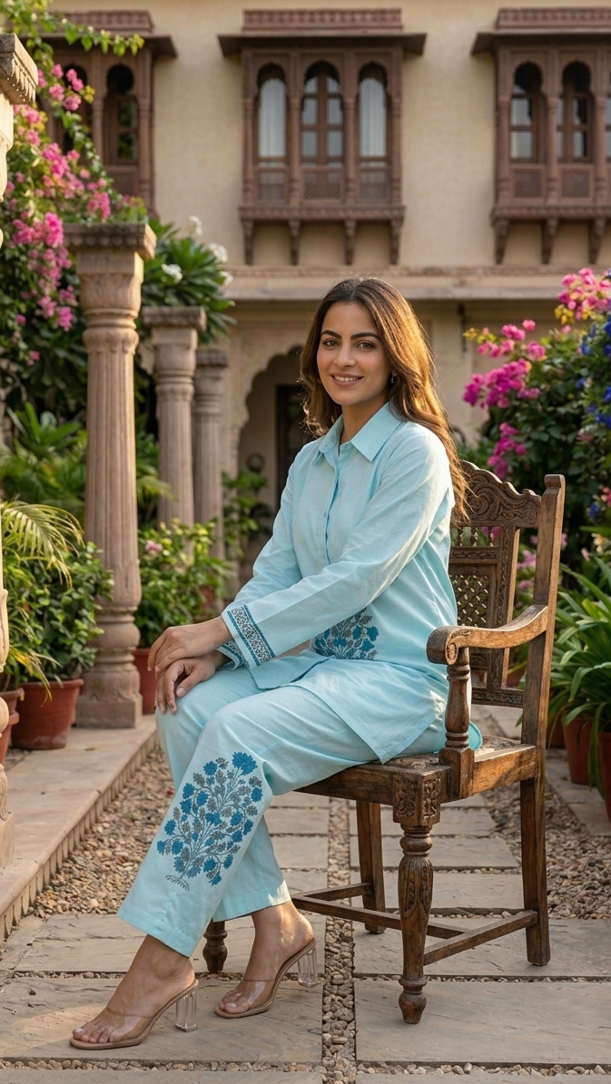 Aqua Bloom Cotton Co-ord Set – Floral Motif Relaxed Ensemble