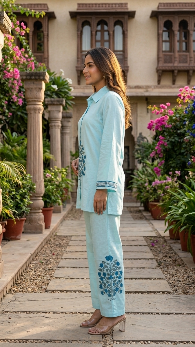 Aqua Bloom Cotton Co-ord Set – Floral Motif Relaxed Ensemble