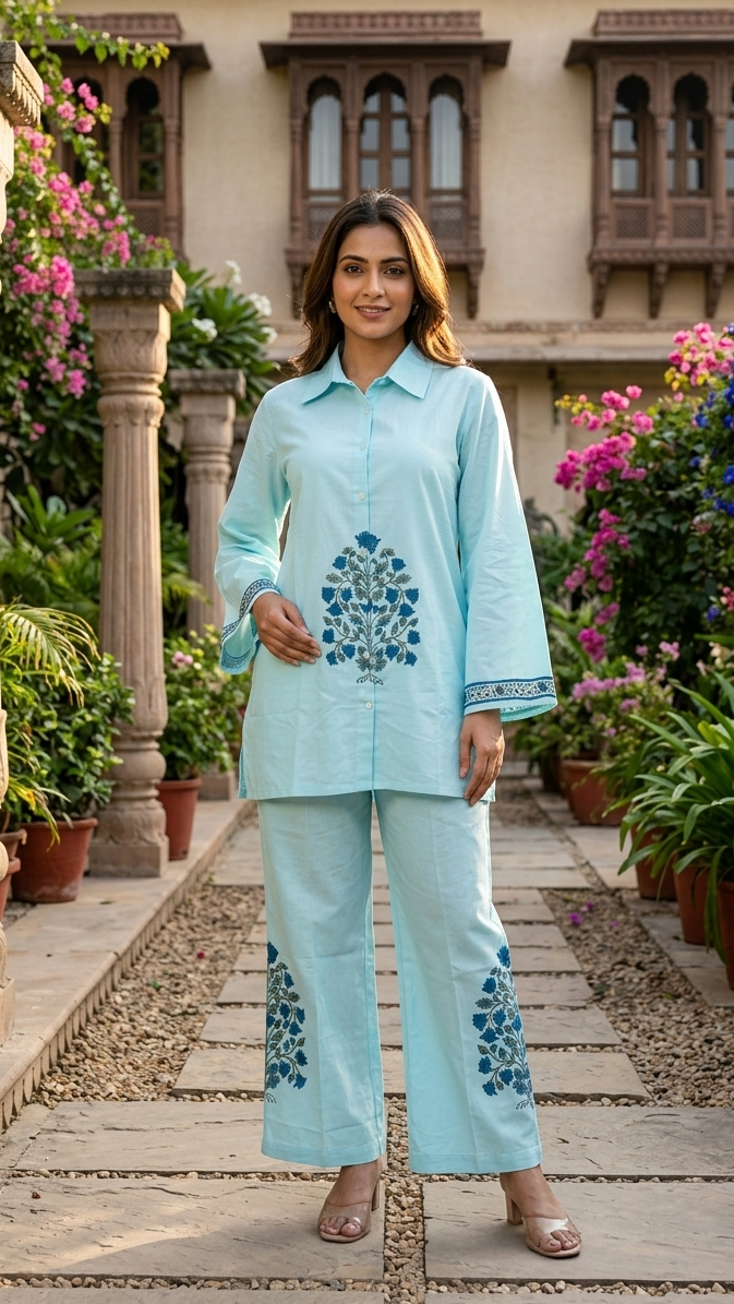 Aqua Bloom Cotton Co-ord Set – Floral Motif Relaxed Ensemble