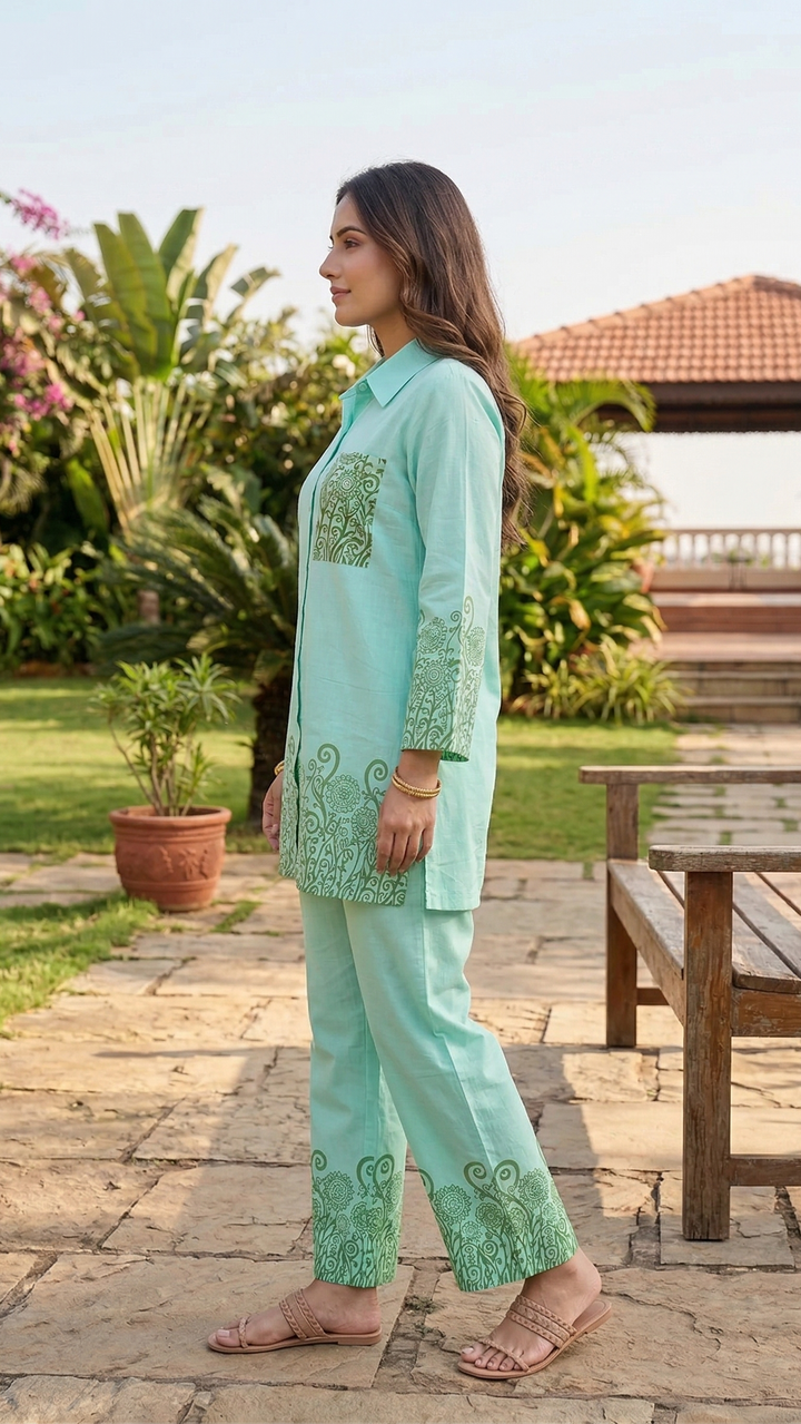 Mint Meadow Cotton Co-ord Set – Elegant Border Print Ensemble