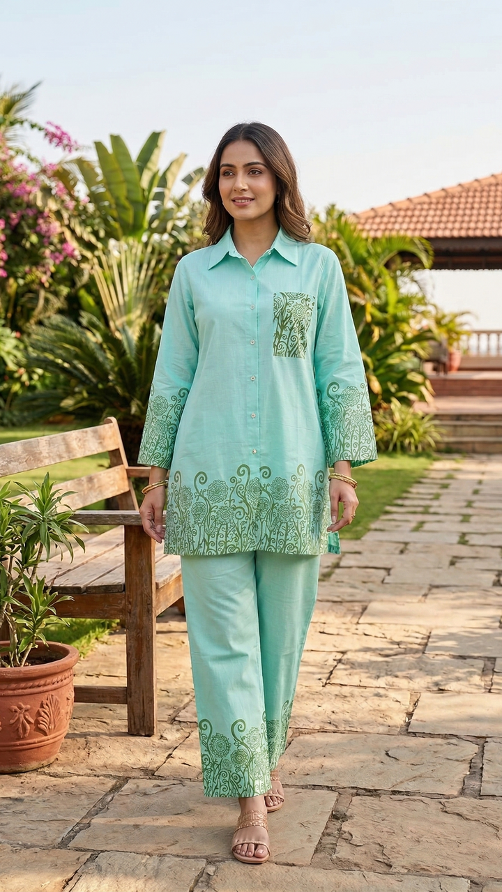 Mint Meadow Cotton Co-ord Set – Elegant Border Print Ensemble