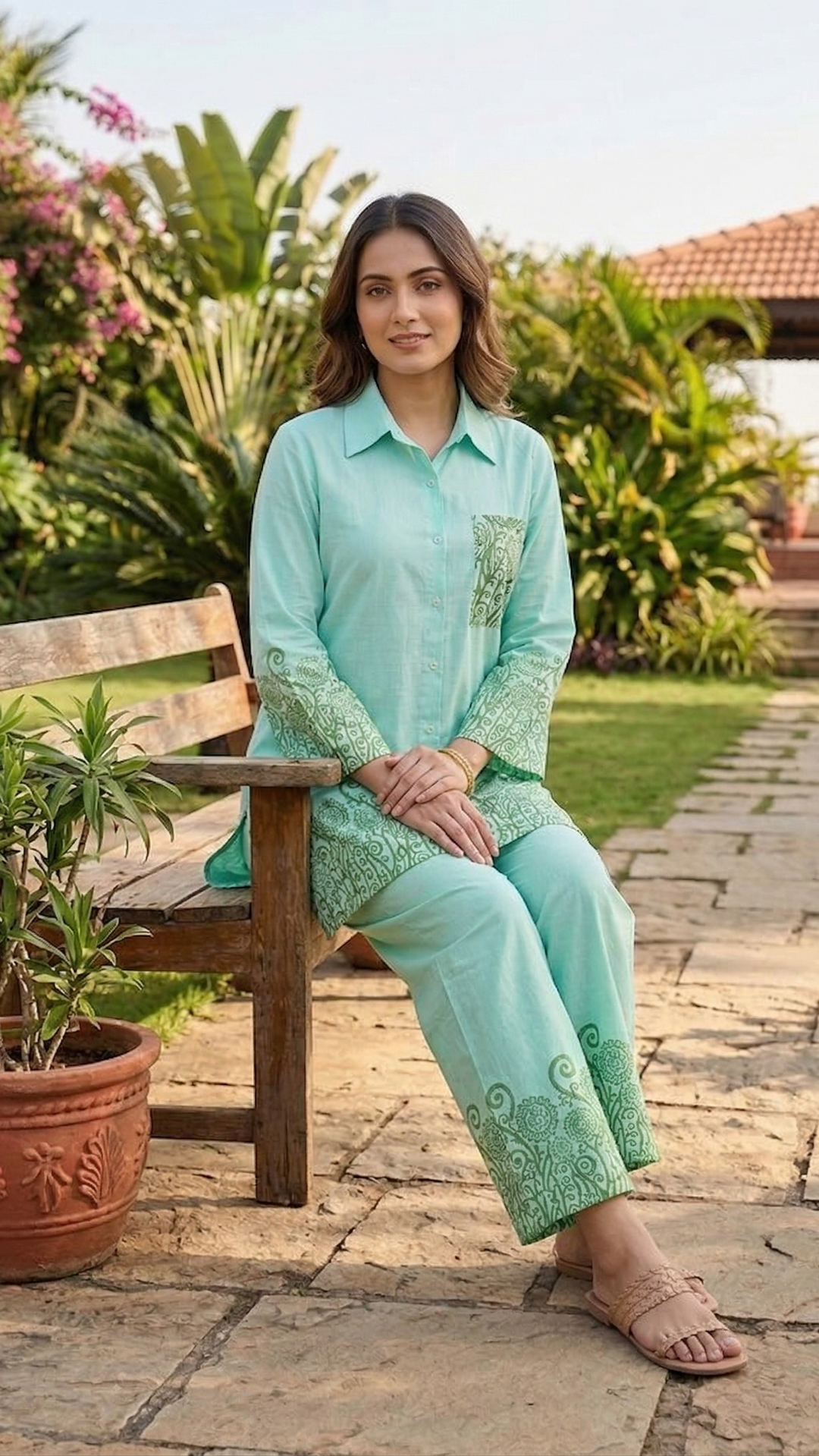 Mint Meadow Cotton Co-ord Set – Elegant Border Print Ensemble