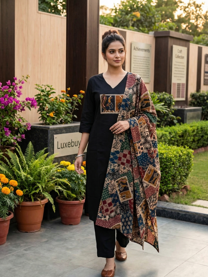 Midnight Heritage Patchwork Cotton Kurta Pant Dupatta Set