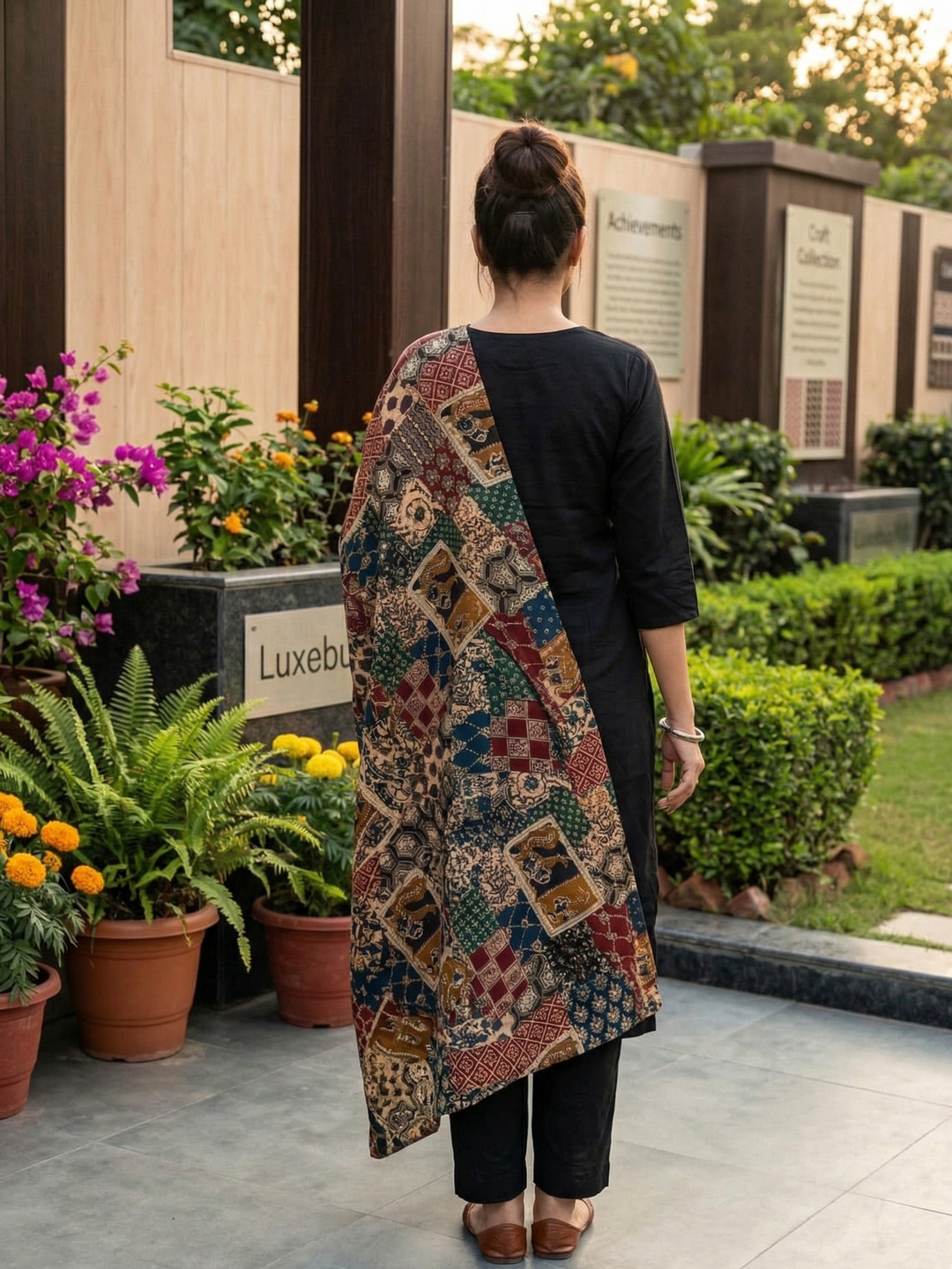 Midnight Heritage Patchwork Cotton Kurta Pant Dupatta Set