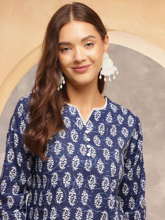 Indigo Charm Cotton Tunic Top – Navy Blue with White Handblock Print