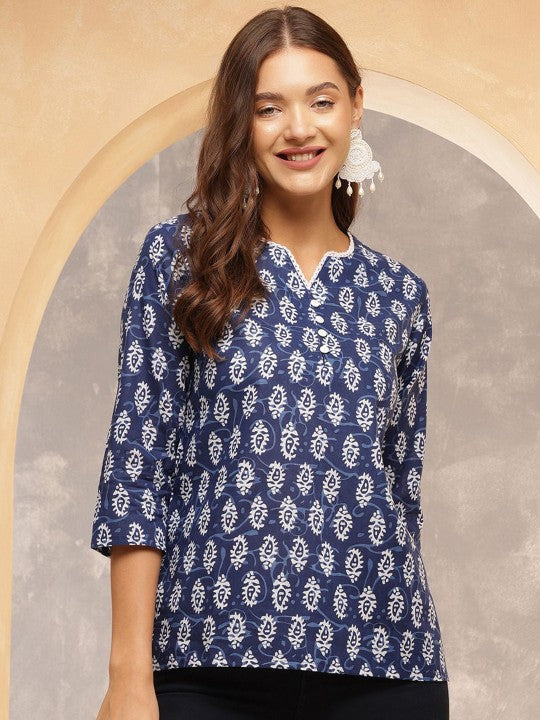 Indigo Charm Cotton Tunic Top – Navy Blue with White Handblock Print