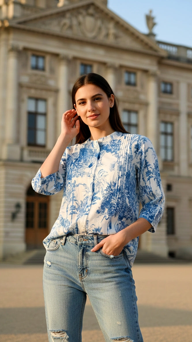 Blue and White Toile Print Top