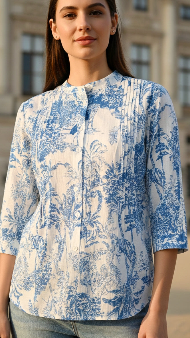 Blue and White Toile Print Top