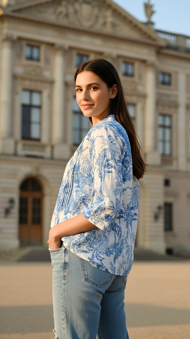 Blue and White Toile Print Top