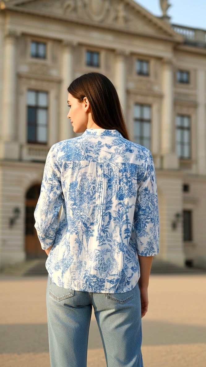 Blue and White Toile Print Top