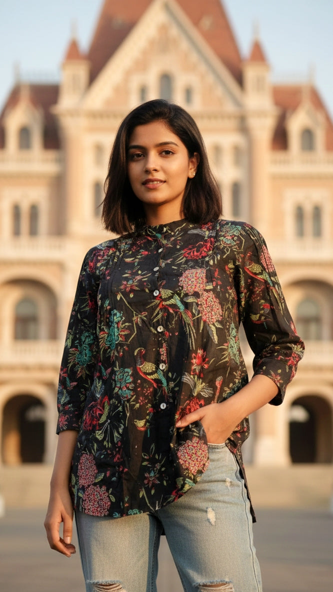 Black with Colorful Bird and Floral Print Top