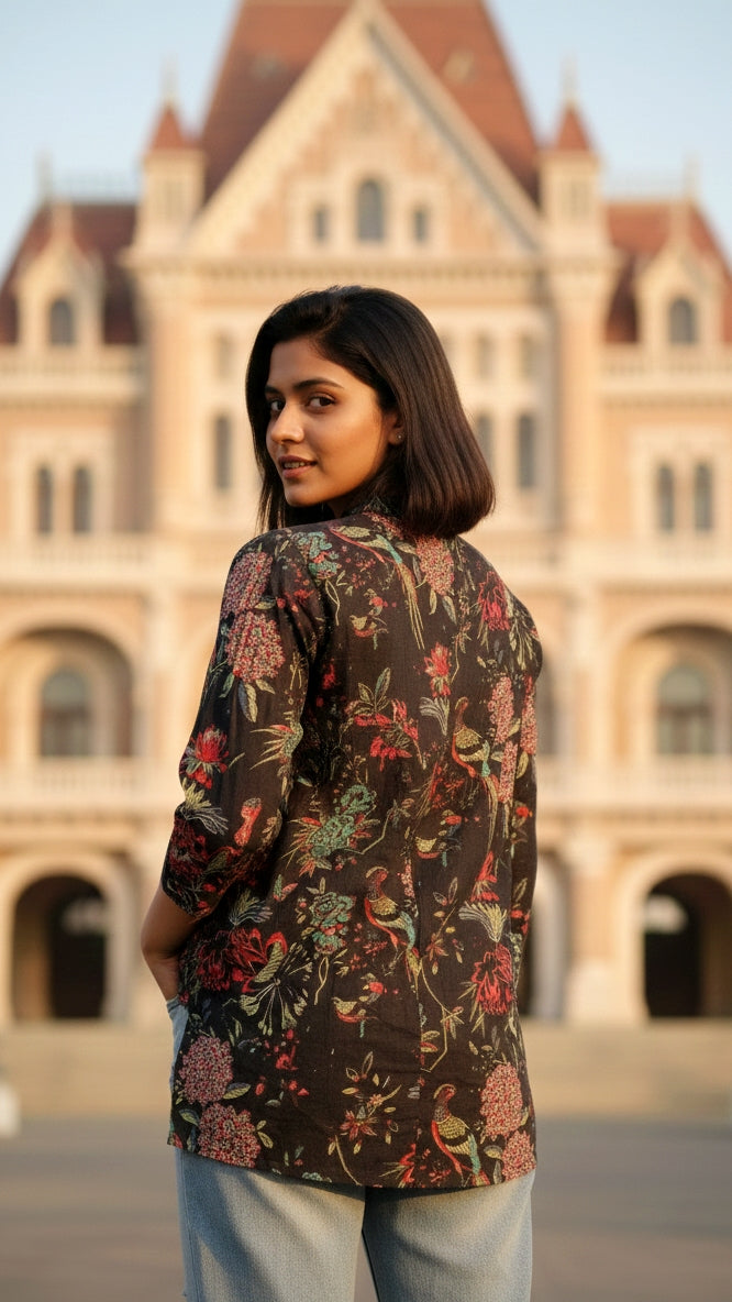 Black with Colorful Bird and Floral Print Top
