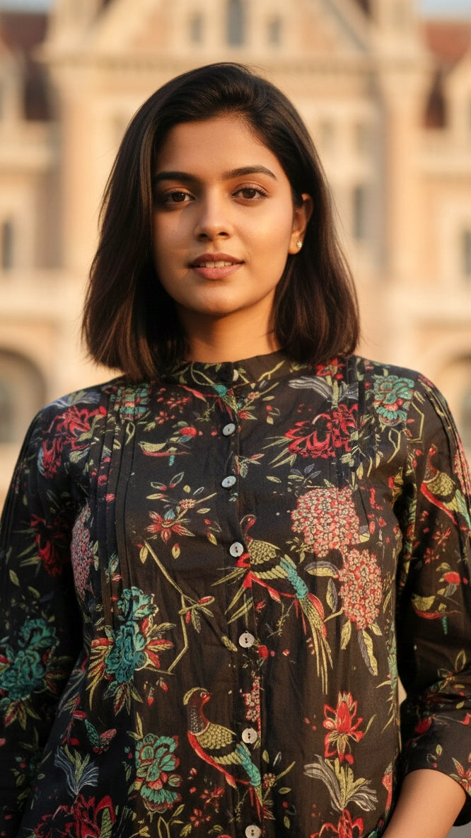 Black with Colorful Bird and Floral Print Top