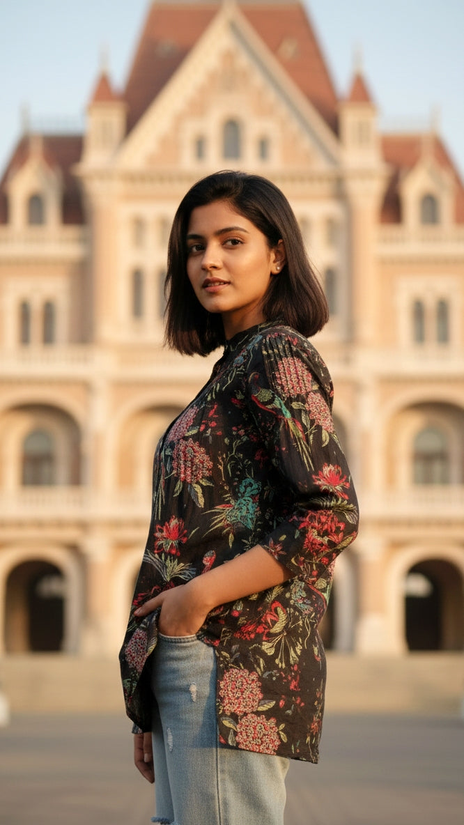 Black with Colorful Bird and Floral Print Top