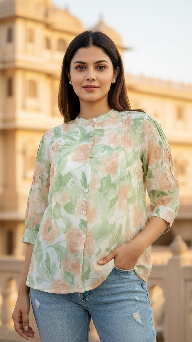 White with Orange and Green Floral Print Top