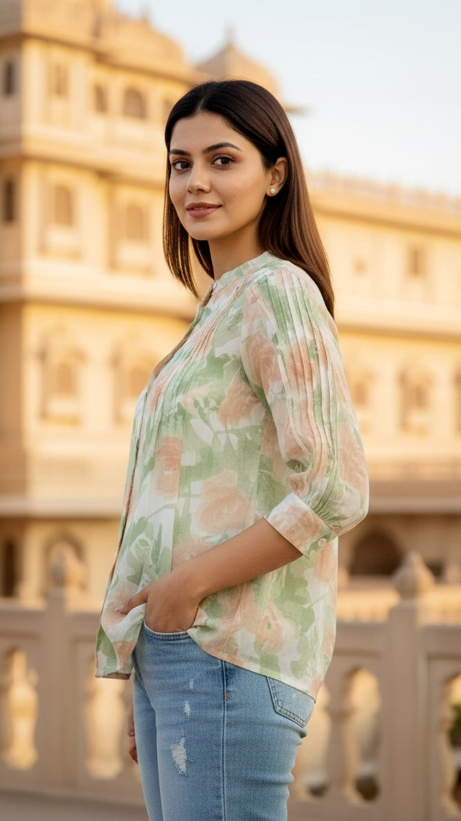 White with Orange and Green Floral Print Top