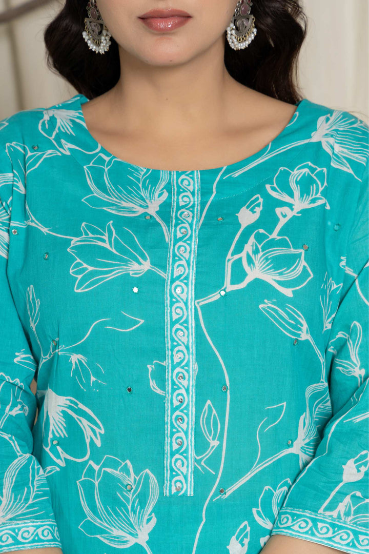 Elegant Green Floral Cotton Suit Set - Kurti, Pant & Dupatta