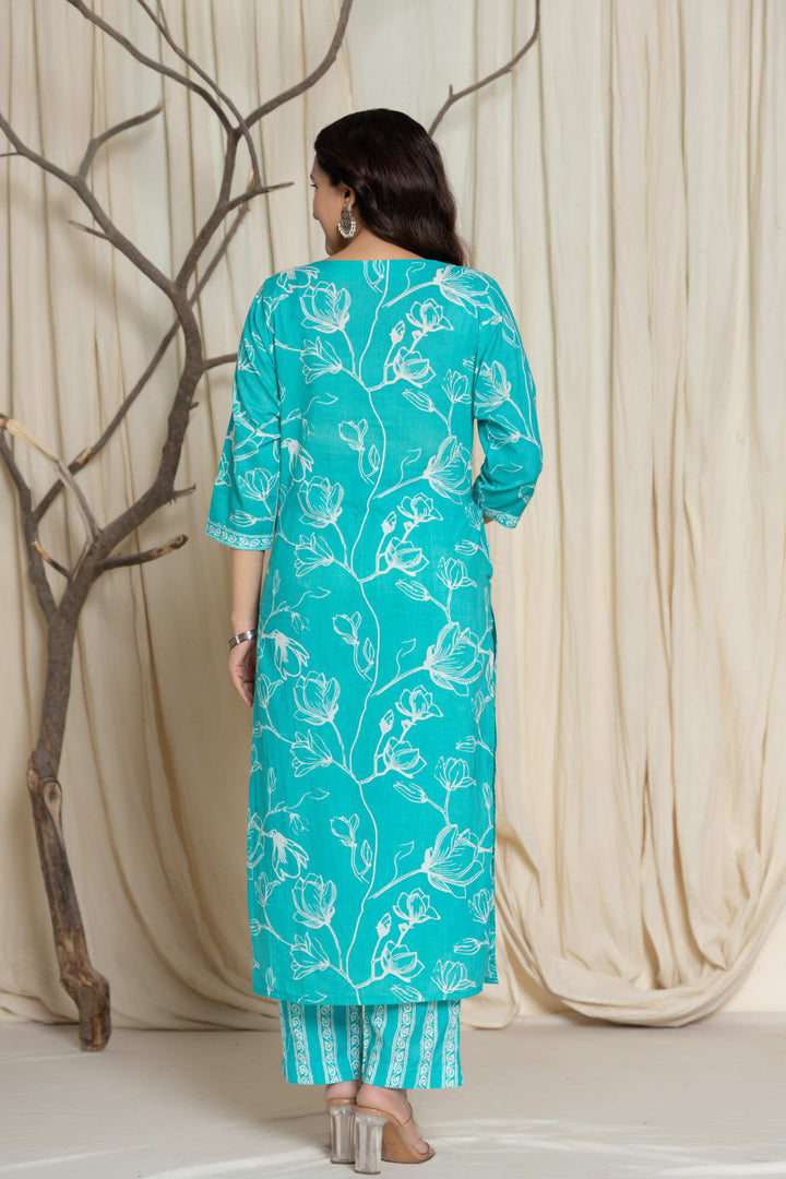 Elegant Green Floral Cotton Suit Set - Kurti, Pant & Dupatta