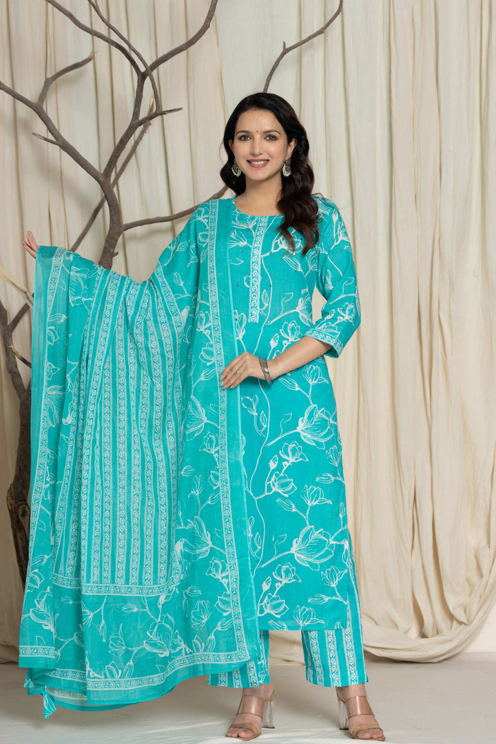 Elegant Green Floral Cotton Suit Set - Kurti, Pant & Dupatta