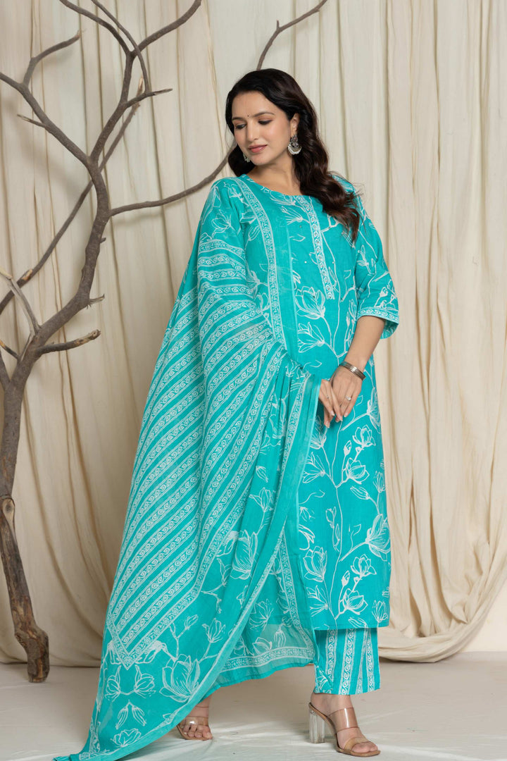 Elegant Green Floral Cotton Suit Set - Kurti, Pant & Dupatta