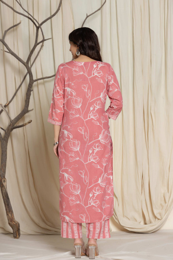 Elegant Pink Floral Cotton Suit Set - Kurti, Pant & Dupatta