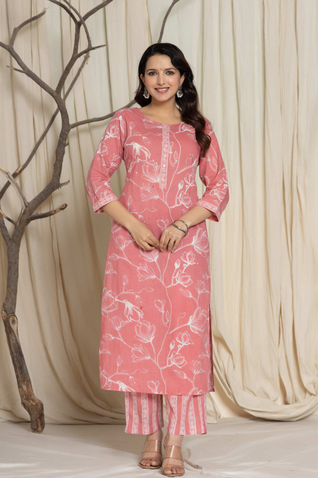 Elegant Pink Floral Cotton Suit Set - Kurti, Pant & Dupatta