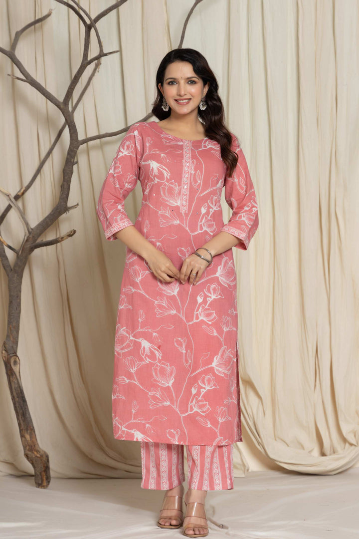 Elegant Pink Floral Cotton Suit Set - Kurti, Pant & Dupatta