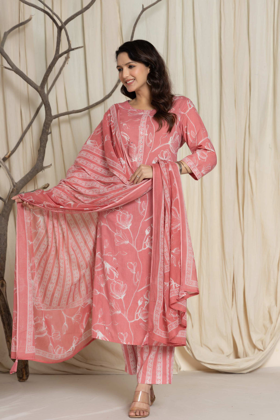 Elegant Pink Floral Cotton Suit Set - Kurti, Pant & Dupatta