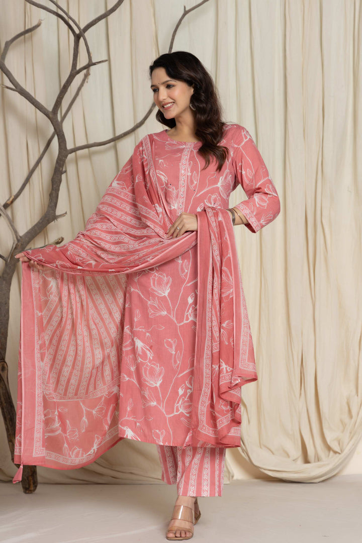 Elegant Pink Floral Cotton Suit Set - Kurti, Pant & Dupatta
