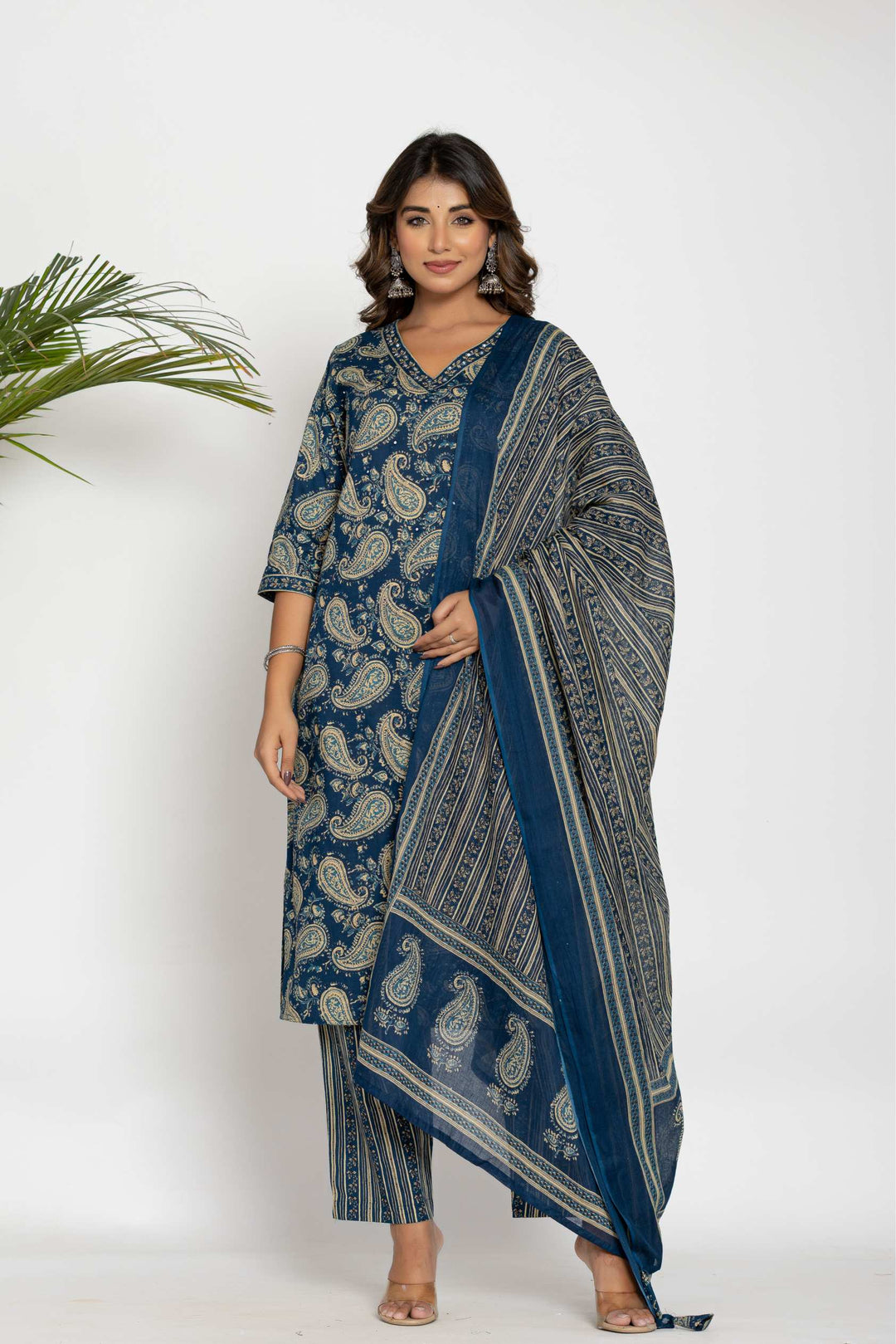 Navy Blue & Beige Paisley Printed Cotton Suit Set - Kurti, Pant & Dupatta