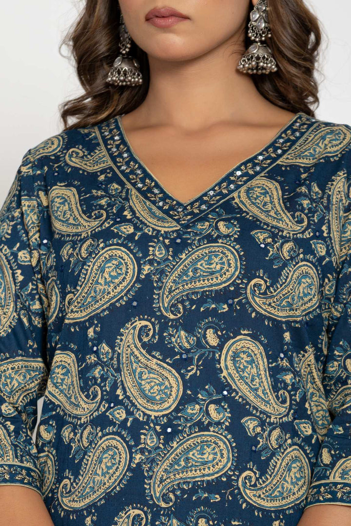 Navy Blue & Beige Paisley Printed Cotton Suit Set - Kurti, Pant & Dupatta