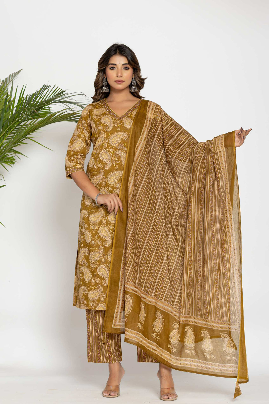 Traditional Paisley Print Kurta Set with Matching Dupatta