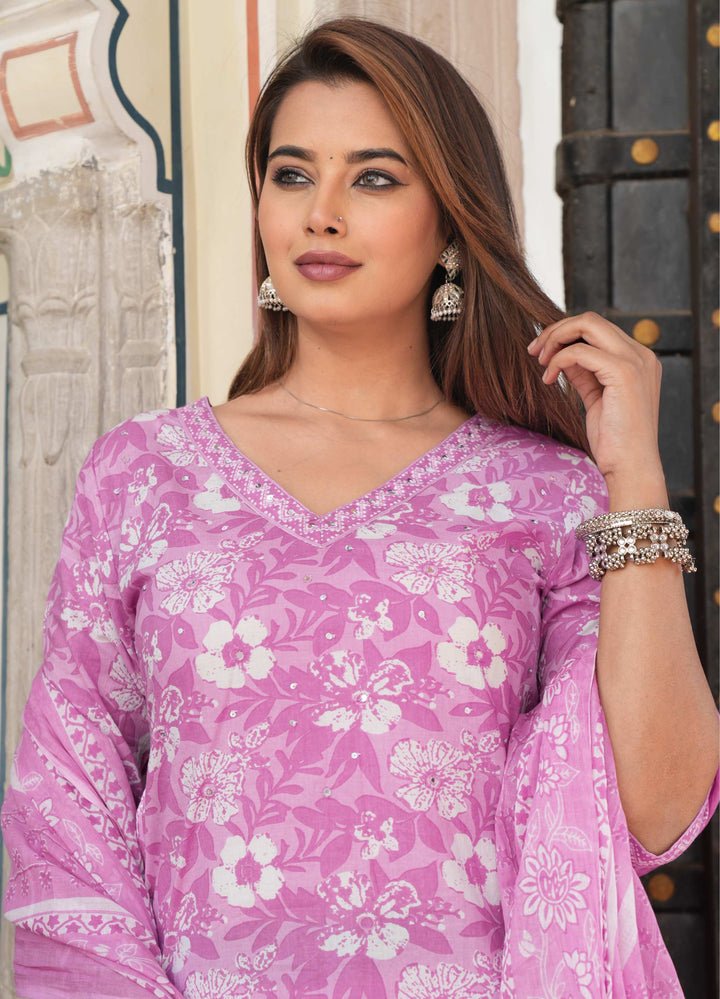 Purple Floral Printed Cotton Suit Set