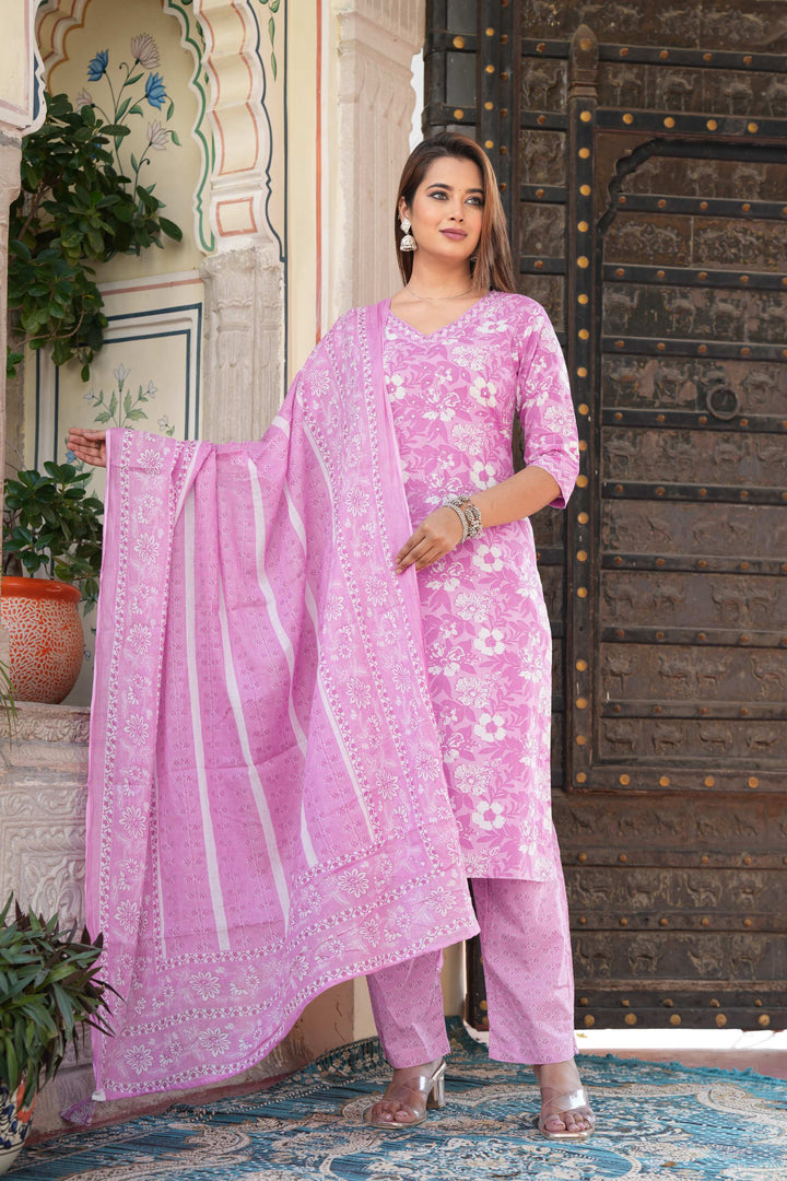 Purple Floral Printed Cotton Suit Set