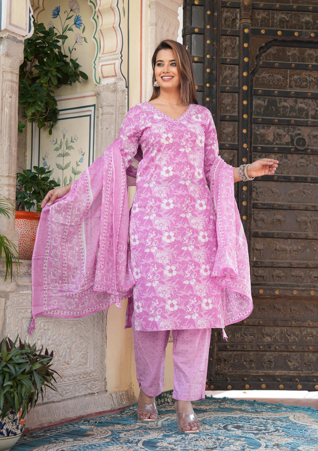 Purple Floral Printed Cotton Suit Set